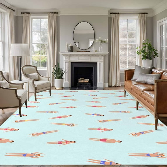 Summer Swimmers Area Rug 5x7 Washable Rug Non Slip Cartoon Swimming Girls Boys Sports Large Area Rug Soft Stainresistant Indoor Floor Carpet for Living Room Bedroom Home Office Dining Room Nursery