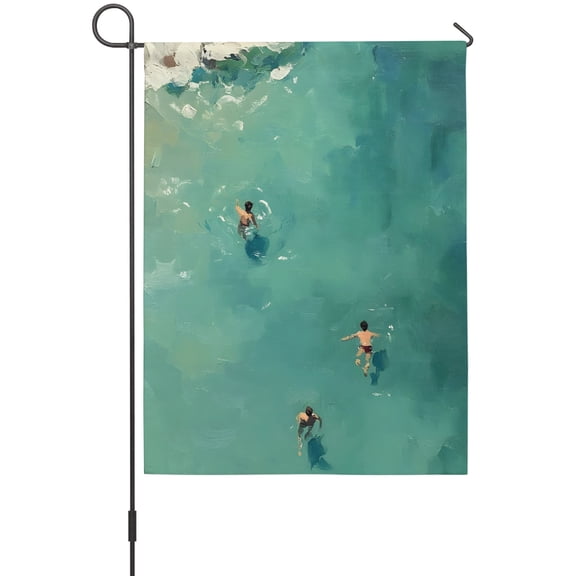 Summer Swimmers Garden Flags For Outdoor, Coastal Tropical Teal Ocean Waves Beach Shore Small Double Side Yard Flags Weather Proof Garden Decor for Lawn Outside Holiday 12 x 18 Inches