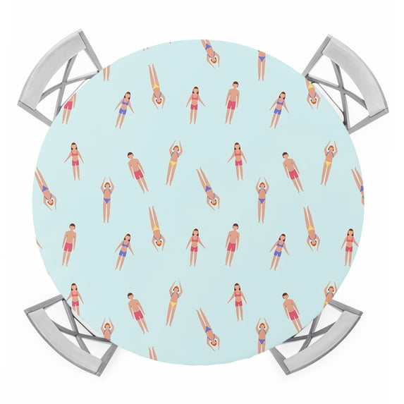 Summer Swimmers Round Tablecloth for 45-54 Inch Tables,Fitted Table Cover with Elastic Edge,Cartoon Swimming Girls Boys Sports Waterproof Outdoor Table Cloth Protector for Patio Garden Dinner Picnic