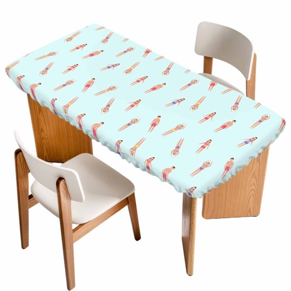 Summer Swimmers Table Cloths for 3 Foot Rectangle Tables, Cartoon Swimming Girls Boys Sports Patio Waterproof Elastic Fitted Tablecloths, Washable Rectangular Table Cover for Camping