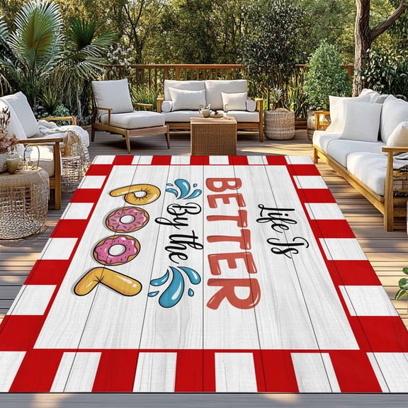 Summer Swimming Circles Indoor Outdoor Rugs 3x5 Ft, Life Better by The Pool Red Wood Grain Outdoor Patio Rugs Mat Washable Outside Area Rugs Carpet for Porch Deck RV Camping Pool Balcony Backyard