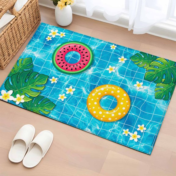 Summer Swimming Pool Entryway Rug 2'x3'&nbsp; Non Slip Front Door Mats, Floral Plumeria Leaves Blue Plaid Entrance Rugs Indoor Outdoor Carpet, Washable Floor Mats Small Area Rug for Bedroom Kitchen
