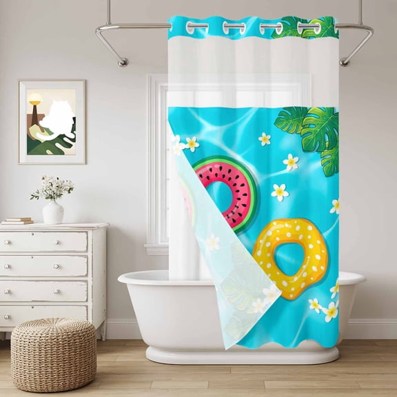Summer Swimming Pool No Hook Shower Curtain with Snap in Liner, Tropical Leaves Watermelon Swimming Rings Waterproof Shower Curtains with See Through Top Window Liner for Bathroom, 36x78 Inches