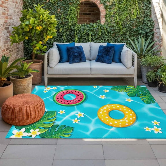 Summer Swimming Pool Indoor Outdoor Rugs 3x5 Ft, Tropical Leaves Watermelon Swimming Rings Outdoor Patio Rugs Mat Washable Outside Area Rugs Carpet for Porch Deck RV Camping Pool Balcony Backyard