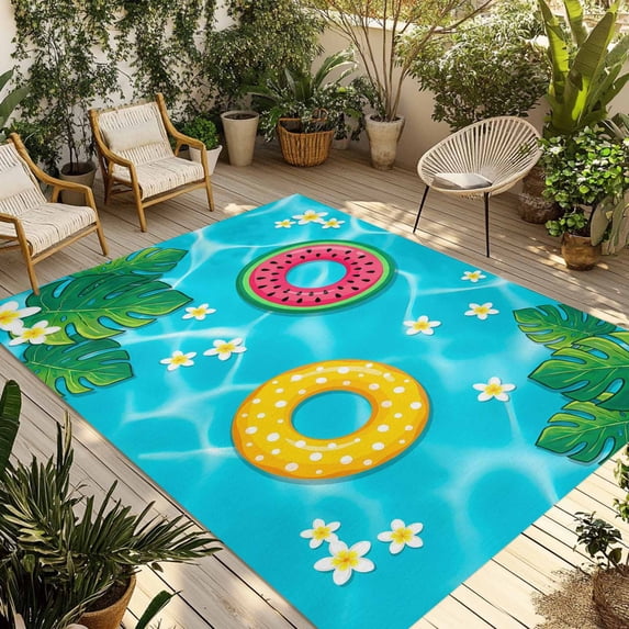 Summer Swimming Pool Outdoor Rug for Patio/Deck/Porch, Non-Slip Large Area Rug 5 x 7 Ft, Floral Plumeria Palm Leaves Indoor Outdoor Rugs Washable Area Rugs, Reversible Camping Rug Carpet Runner