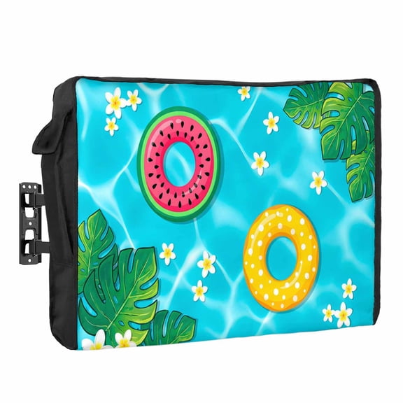 Summer Swimming Pool Outdoor TV Cover 70 to 75 inch Weatherproof Waterproof, Tropical Leaves Watermelon Swimming Rings TV Enclosures with Remote Control Pocket Flat Screen Protector for Outside
