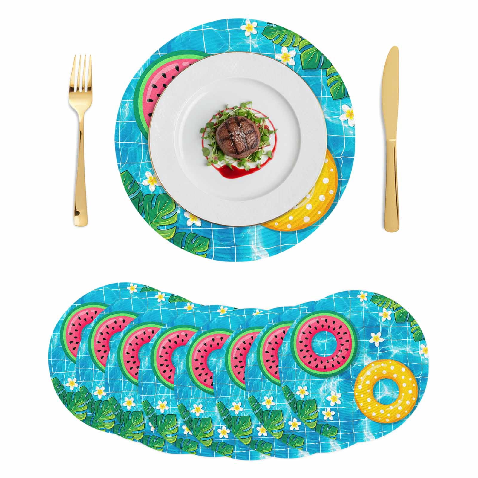 Summer Swimming Pool Round 13 Inch Placemats Set of 8, Floral Plumeria ...