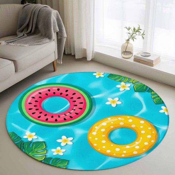 Summer Swimming Pool Round Area Rug 3.3Ft Washable Circle Rugs for Dining Room Table, Floral Plumeria Palm Leaves Non-Slip Carpet Floor Mats Indoor Outdoor Carpet Runner Aesthetic Home Decor