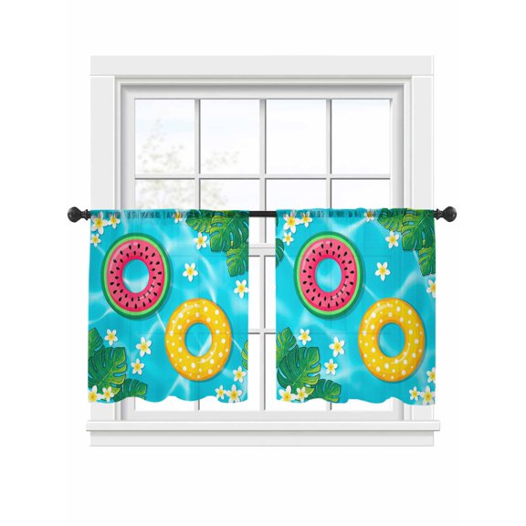 Summer Swimming Pool Sheer Curtains 2 Panels Set Tropical Leaves Watermelon Swimming Rings Sheer Window Curtains Light Filtering Rod Pocket Voile Drapes for Bedroom Living Room 52"x54"