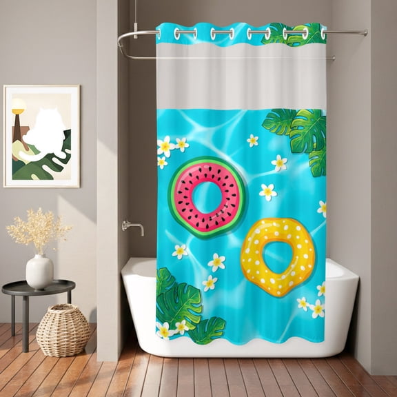 Summer Swimming Pool Shower Curtain, Tropical Leaves Watermelon Swimming Rings Waterproof No Hooks Bath Shower Curtain with See Through Top Window for Bathroom Bathtub 36x72in