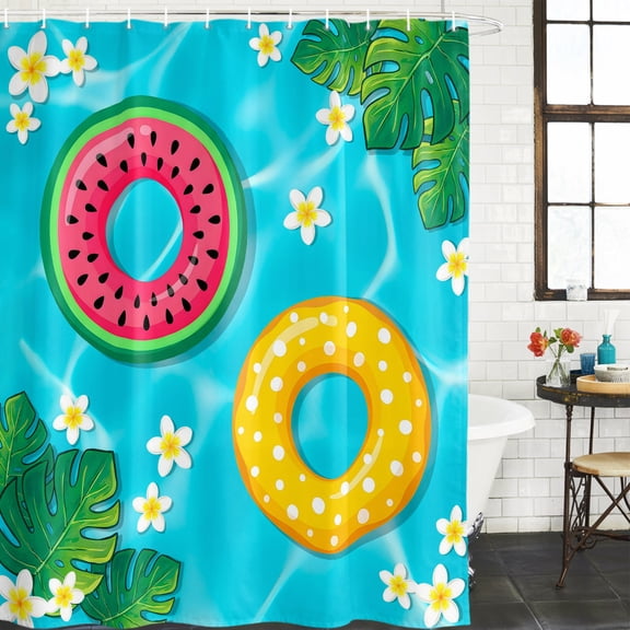 Summer Swimming Pool Shower Curtain, Tropical Leaves Watermelon Swimming Rings Waterproof Washable Shower Curtain for Bathroom Bathtub Partition Bath Decoration Set with Hooks 54x78in