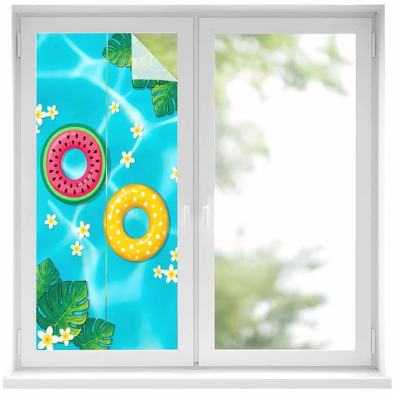 Summer Swimming Pool Window Privacy Film, Tropical Leaves Watermelon Swimming Rings Frosted Glass Window Clings Static Cling UV Heat Blocking Reusable Door Sticker for Bathroom 17.7 x 39.3 Inch