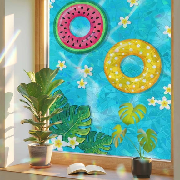 Summer Swimming Pool Window Privacy Film, Tropical Leaves Watermelon Swimming Rings Stained Glass Rainbow Film Decorative Window Clings, Static Cling Sun Blocking Stickers 17.7" x 39.3"