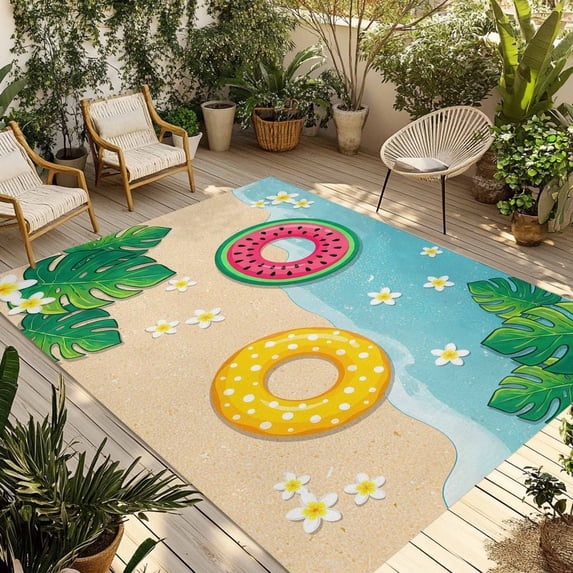 Summer Swimming Rings Outdoor Rug for Patio/Deck/Porch, Non-Slip Large Area Rug 3 x 5 Ft, Floral Plumeria Beach Seaside Indoor Outdoor Rugs Washable Area Rugs, Reversible Camping Rug Carpet Runner