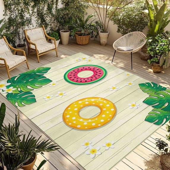 Summer Swimming Rings Outdoor Rug for Patio/Deck/Porch, Non-Slip Large Area Rug 4 x 6 Ft, Floral Plumeria Yellow Wooden Indoor Outdoor Rugs Washable Area Rugs, Reversible Camping Rug Carpet Runner