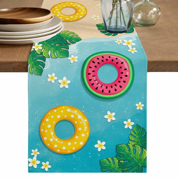 Summer Swimming Rings Table Runner 72 Inches, Floral Plumeria Beach Seaside Bed Runner Dresser Scarves Tabletop for Indoor Outdoor Parties/Ceremony/Banquet, 16" x 72"