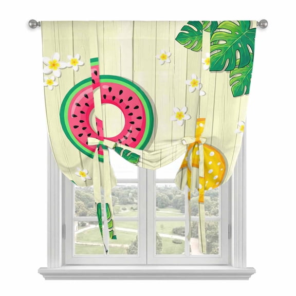 Summer Swimming Rings Tie Up Curtains for Window, Thermal Insulated Balloon Shade Adjustable Rod Pocket Curtains Valance Panels for Kitchen Bathroom Cafe 34 x 45 Floral Plumeria Yellow Wooden