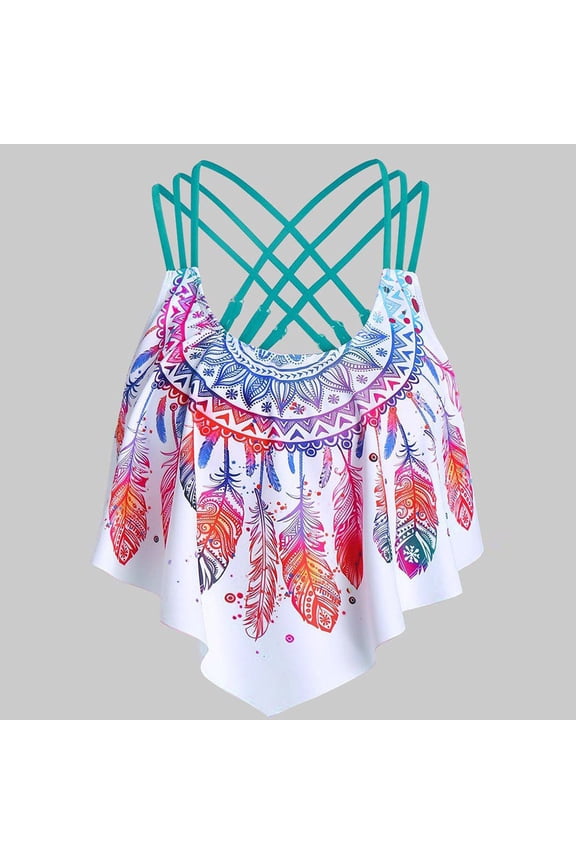 Summer Swimming Topss Women Overlay Flounce Crisscross Print Strappy Padded Swim Beach Sunbathing