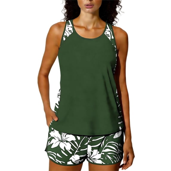 Summer Swimsuits 2 Piece,Blouson Tankini Swimsuits for Women 2026 Tummy Control Two Piece Bathing Suits with Pockets Swim Shorts,Army Green,S