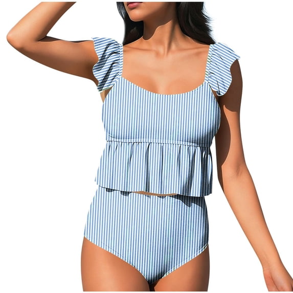 Summer Swimsuits 2 Piece,Two Piece Tankini Swimsuits for Women 2026 Square Neck Ruffle Cap Sleeve Bathing Suits Striped Swim Suits,Blue,S