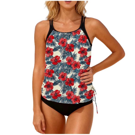 Summer Swimsuits 2 Piece,Womens Tankini Swimsuits Floral Tops U Neck Bathing Suit Tops Loose Fit Swim Tops with Shorts,Red,S