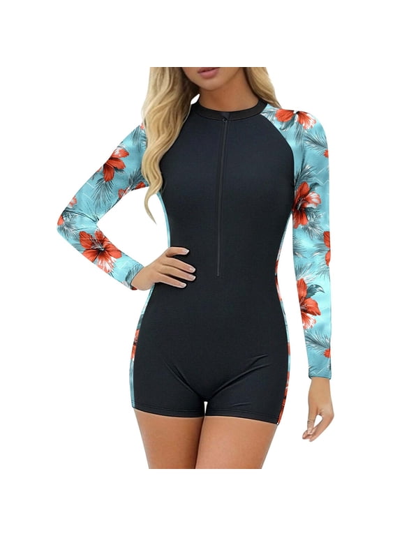 Summer Swimsuits for Women One-Piece Zippered Long Sleeve Modest Print Wetsuit with Elastic Waistband for Surfing