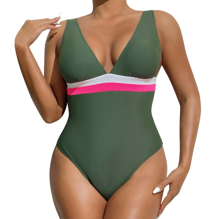 Summer Swimwear Deep V Chest Contrast Open Back Cutout Women Bodysuit  Monokini Swimwear Seaside Pool Beachwear Bathing Suit 