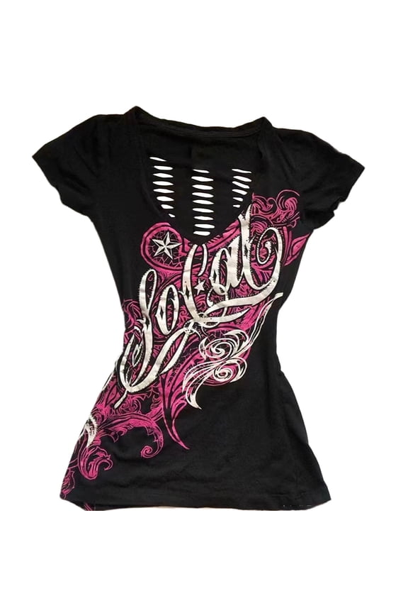 Summer T Shirt Womens Distressed Back Detail Slim Short Sleeve Top Retro Graphic Tee Streetwear A-Black M