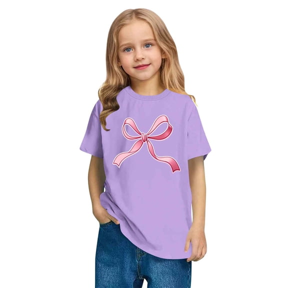 Summer T-Shirts For Girls Crew Neck Short Sleeve Bow Print Pullover Tops Cute Casual Loose Blouse For 3-14 Years (13 Years, Purple)