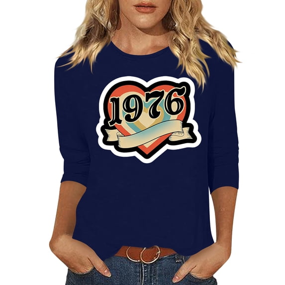 Summer T Shirts For Women Crew Neck 3/4 Length Sleeve Pullover Tops 1976 Graphic Print Casual Comfy Tees (S, Blue)