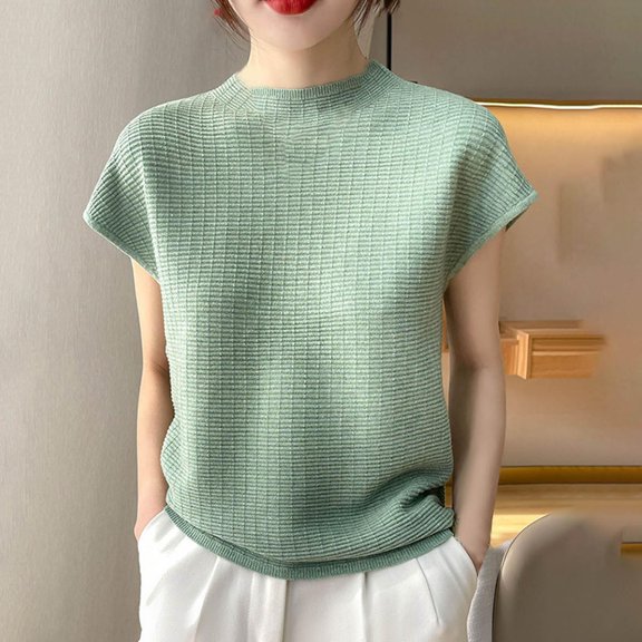 Summer T Shirts For Women Fashion Casual Solid Color Knit Short Sleeve Round-Neck Comfort Colors T Shirt Army Green Tee Blouse S-2XL