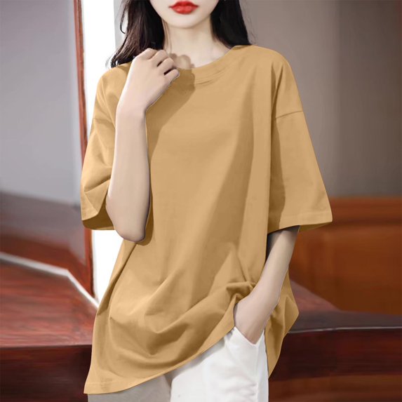 Summer T Shirts For Women Fashion Solid Color Shoulder Down Short Sleeved Round Neck Loose Comfort Colors T Shirt Coffee Tee Blouse S-3XL