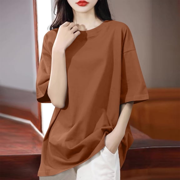 Summer T Shirts For Women Fashion Solid Color Shoulder Down Short Sleeved Round Neck Loose Comfort Colors T Shirt Tee Blouse - Brown∣S