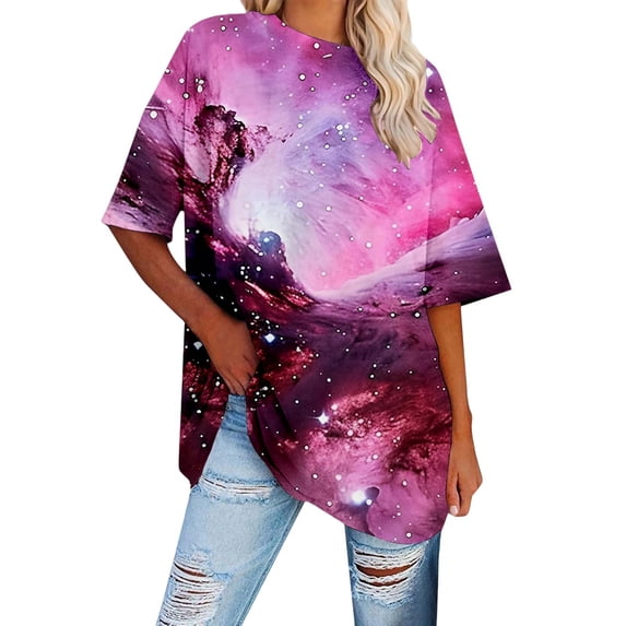 Summer T Shirts For Women Starry Sky Print Casual Loose Fit Short Sleeve Tee Shirts for Beach Party