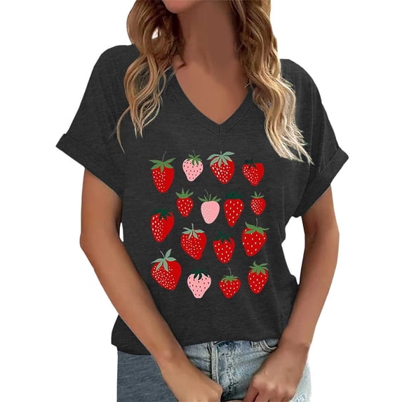 Summer T Shirts For Women Strawberry Print V Neck Short Sleeve Casual Slim Fitted Basic Tees