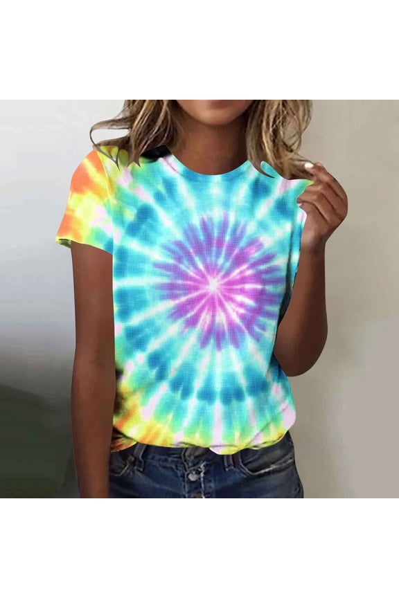 Summer T Shirts Tops for Women Oversized Crewneck Tie Dye Printed Cotton Like Short Sleeve Top Womens Casual Round Neck Loose Lightweight Comfy Tee Shirt