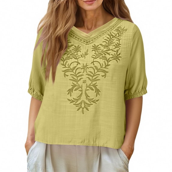 Summer T Shirts for Women Oversized Cotton Linen Embroidered Print V Neck Short Sleeve Shirt Casual Solid Plus Size Loose Lightweight Comfy Tee Blouse