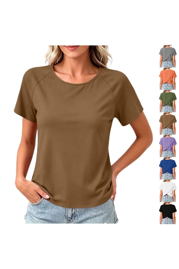 Summer T-Shirts Womens Back Crossover Hem Plain Tshirts Loose Fit Raglan Short Sleeve Casual Workout Basic Tee (L, Brown)