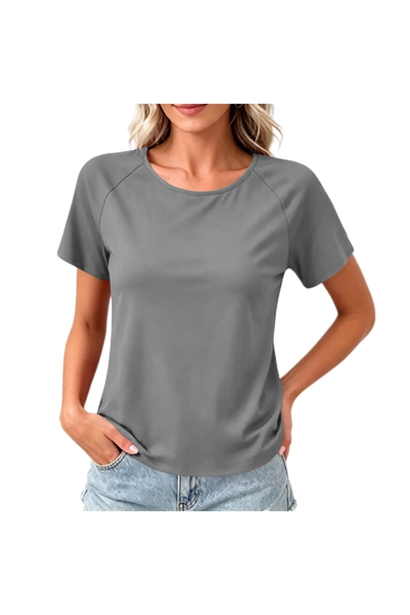 Summer T-Shirts Womens Back Crossover Hem Plain Tshirts Loose Fit Raglan Short Sleeve Casual Workout Basic Tee (M, Gray)