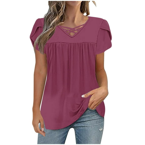Summer T-Shirts for Womens Criss-Cross V Neck Tunics Tops Short Ruffled Sleeve Shirts Babydoll Front Pleated T Shirts Plain Basic Tops Shirts Light Breathable Tunics Blouses Beach Vacation Clothes