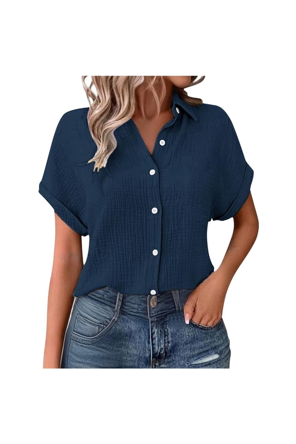 Summer T-Shirts For Womens Turndown Collar Blouse Tops Front Button Tee Short Sleeve Tops Plain Basic Tunic Blouses Baggy Boho Dressy Work Shirts Trends Lightweight Blouses 2025