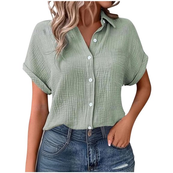 Summer T-Shirts For Womens Turndown Collar Blouse Tops Front Button Tee Short Sleeve Tops Plain Basic Tunic Blouses Baggy Boho Dressy Work Shirts Trends Lightweight Blouses 2025