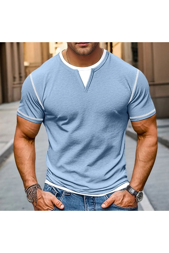 Summer T-Shirts for Men Casual Fake Two-piece Double-layer V-neck Fashionable Splicing Short Sleeved Loose Top Tees