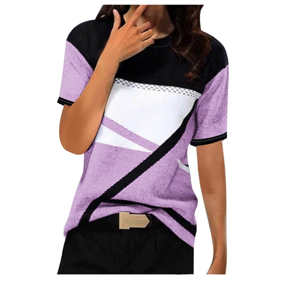 Summer T-Shirts for Women Casual Tops Crewneck Short Sleeve Tees Color Block Loose Blouses