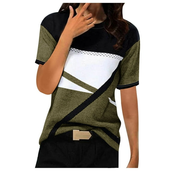 Summer T-Shirts for Women Casual Tops Crewneck Short Sleeve Tees Color Block Loose Blouses
