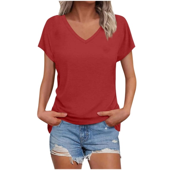 Summer T Shirts for Women Casual V Neck Loose Fitted Short Sleeve Plain Basic Tunic Tops S-2XL
