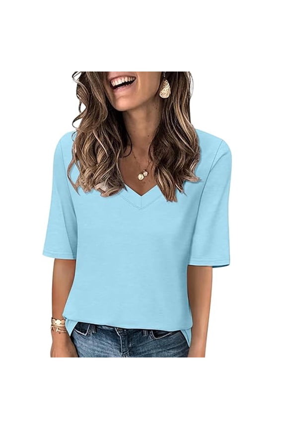 Summer T-Shirts for Women Fashion Casual Half Sleeve Blouses Solid Color Tops V-neck Loose Short Sleeve T-Shirt Loose Pullover Top