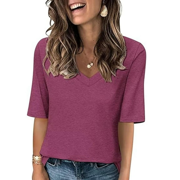 Summer T-Shirts for Women Fashion Casual Half Sleeve Blouses Solid Color Tops V-neck Loose Short Sleeve T-Shirt Loose Pullover Top