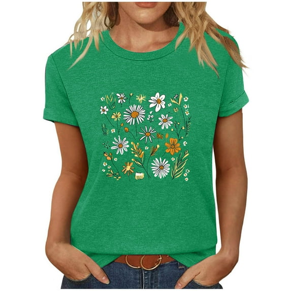 Summer T Shirts for Women Flower Print Short Sleeve Crew Neck Graphic Tees Casual Loose Soft Breathable Tops (L, Green)