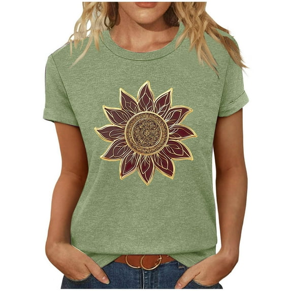Summer T Shirts for Women Flower Print Short Sleeve Crew Neck Graphic Tees Casual Loose Soft Breathable Tops (XL, Army Green)